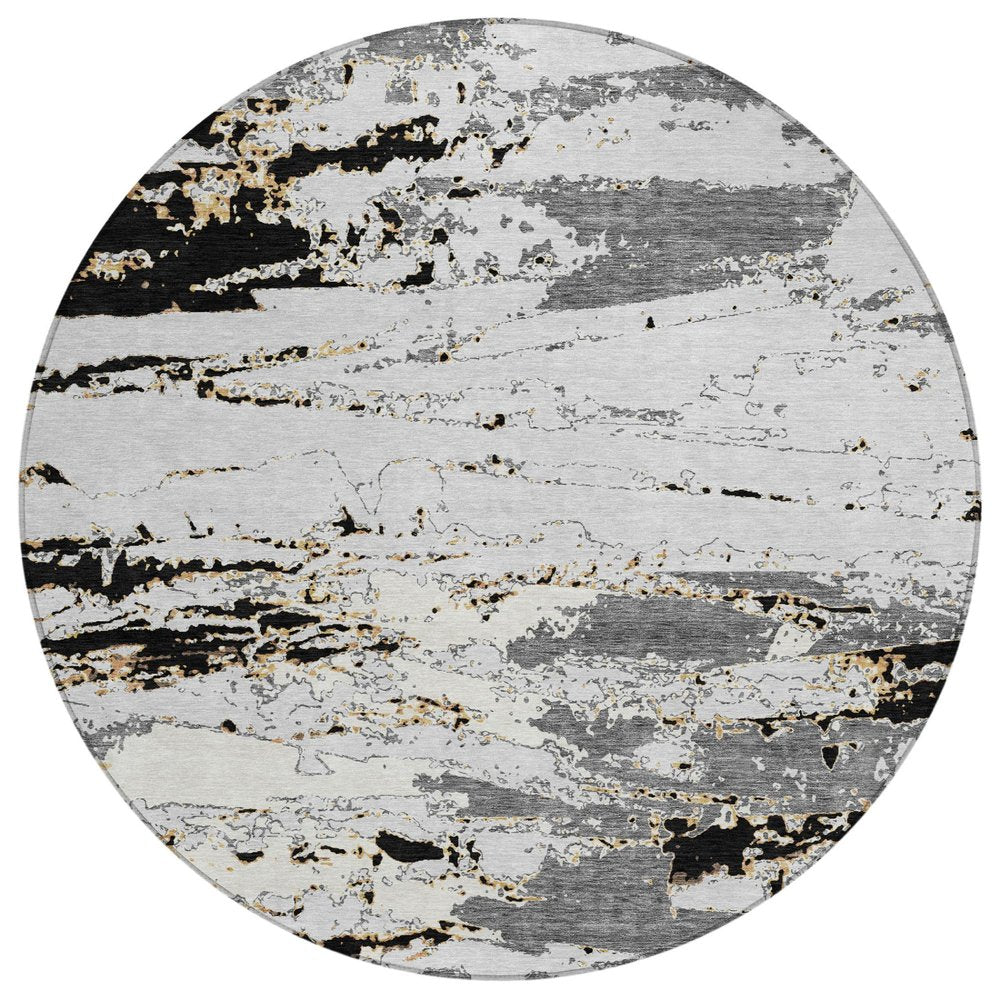 8' Black And Gray Round Abstract Washable Indoor Outdoor Area Rug — view 1