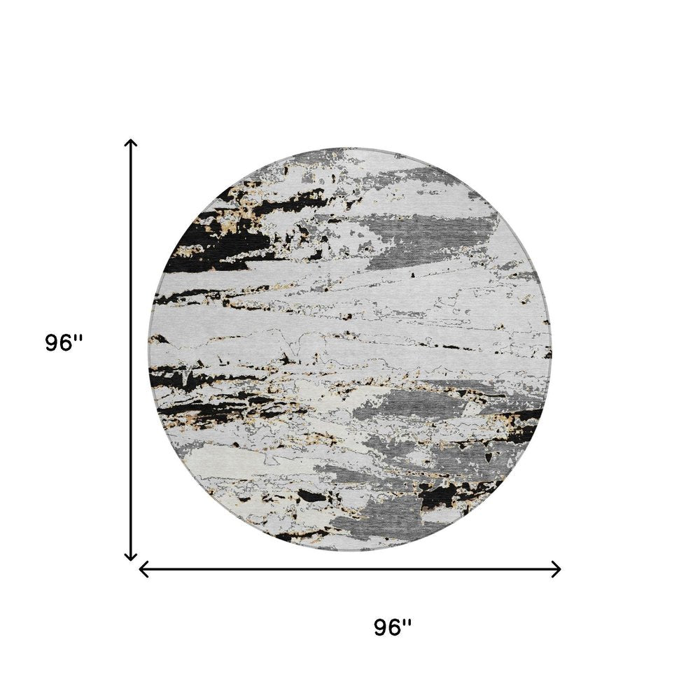 8' Black And Gray Round Abstract Washable Indoor Outdoor Area Rug