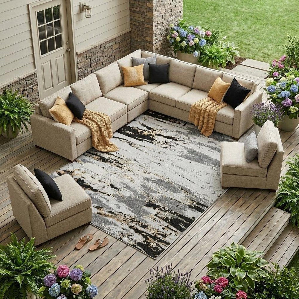 8' X 10' Black And Gray Abstract Washable Indoor Outdoor Area Rug