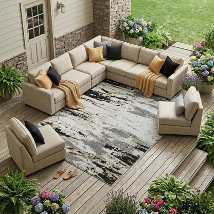 8' X 10' Black And Gray Abstract Washable Indoor Outdoor Area Rug