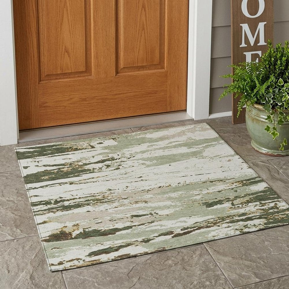 3' X 5' Green And Ivory Abstract Washable Indoor Outdoor Area Rug HomeRoots