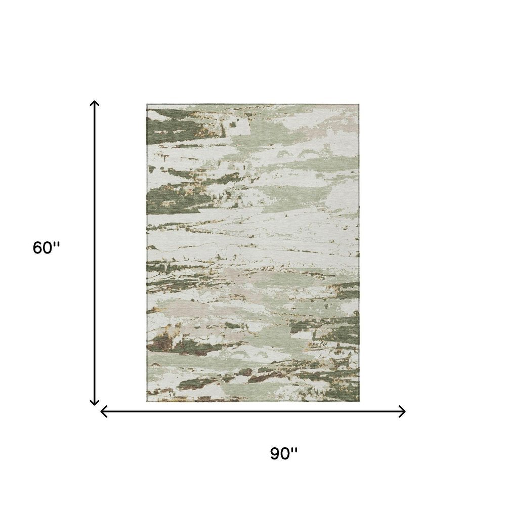 5' X 8' Green And Ivory Abstract Washable Indoor Outdoor Area Rug