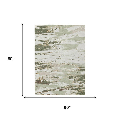 5' X 8' Green And Ivory Abstract Washable Indoor Outdoor Area Rug