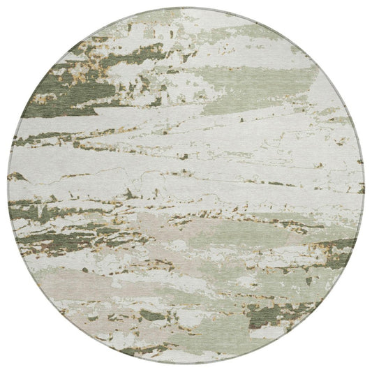 8' Green And Ivory Round Abstract Washable Indoor Outdoor Area Rug