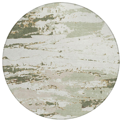 8' Green And Ivory Round Abstract Washable Indoor Outdoor Area Rug