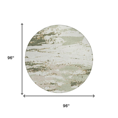8' Green And Ivory Round Abstract Washable Indoor Outdoor Area Rug