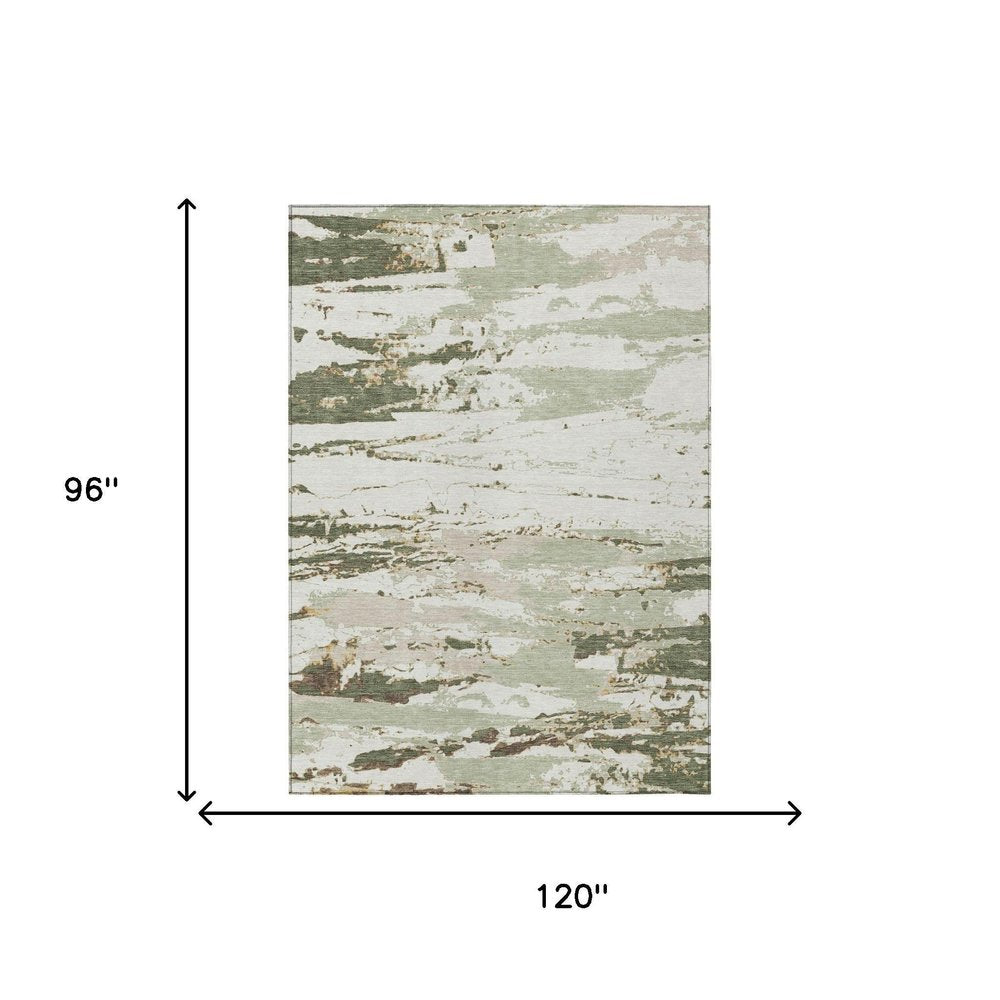 8' X 10' Green And Ivory Abstract Washable Indoor Outdoor Area Rug — view 4