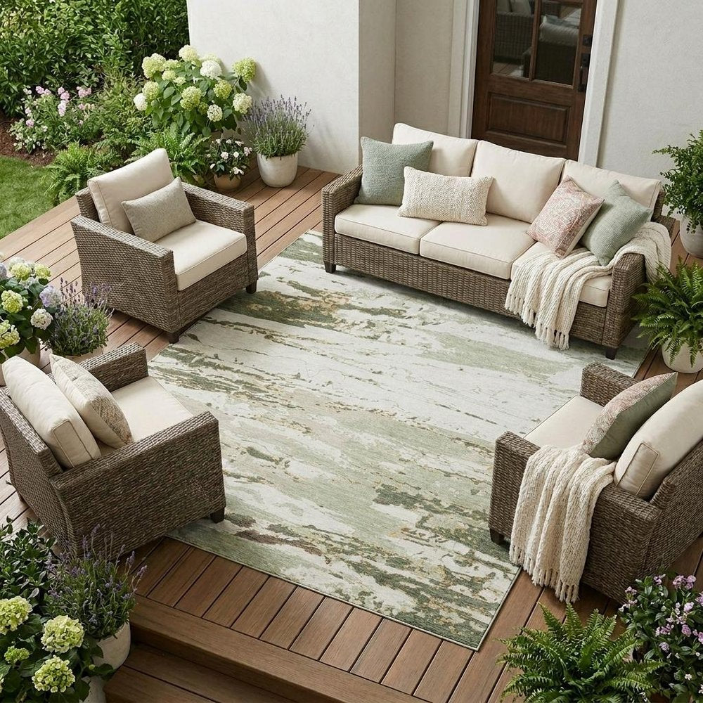 9' X 12' Green And Ivory Abstract Washable Indoor Outdoor Area Rug — view 5