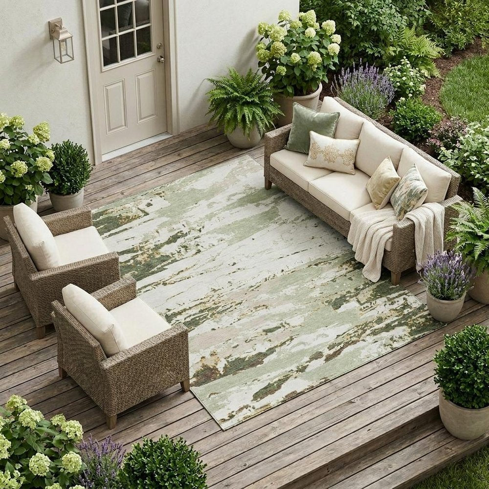 10' X 14' Green And Ivory Abstract Washable Indoor Outdoor Area Rug — view 5
