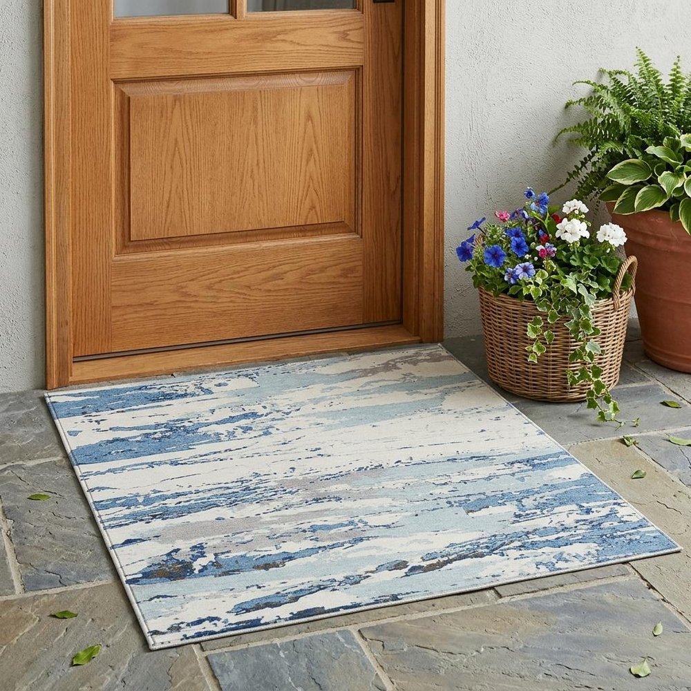 3' X 5' Sky Blue And Blue Abstract Washable Indoor Outdoor Area Rug — view 5