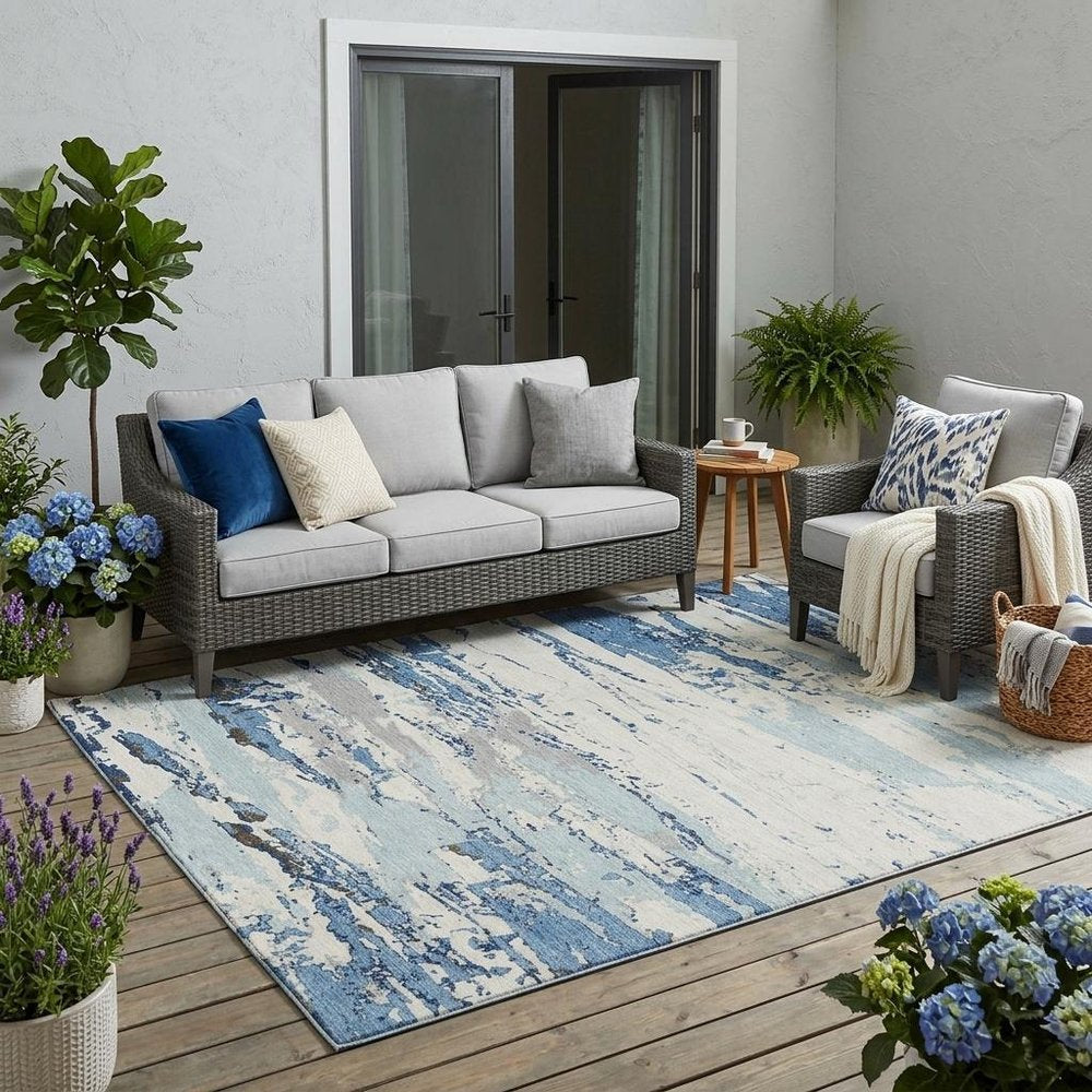5' X 8' Sky Blue And Blue Abstract Washable Indoor Outdoor Area Rug — view 5