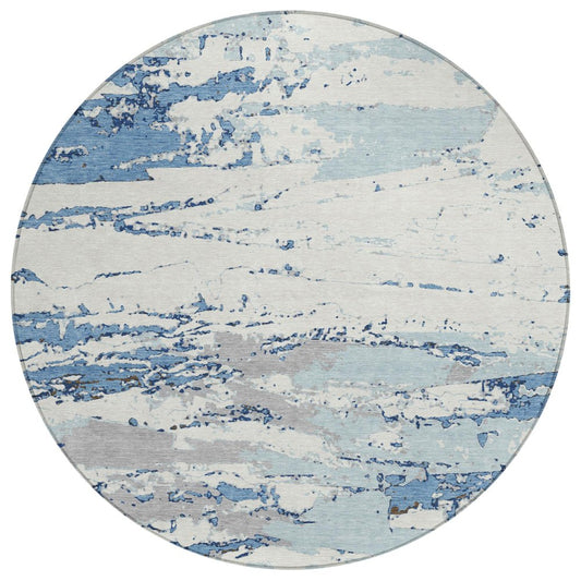 8' Sky Blue And Blue Round Abstract Washable Indoor Outdoor Area Rug