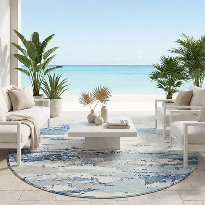 8' Sky Blue And Blue Round Abstract Washable Indoor Outdoor Area Rug
