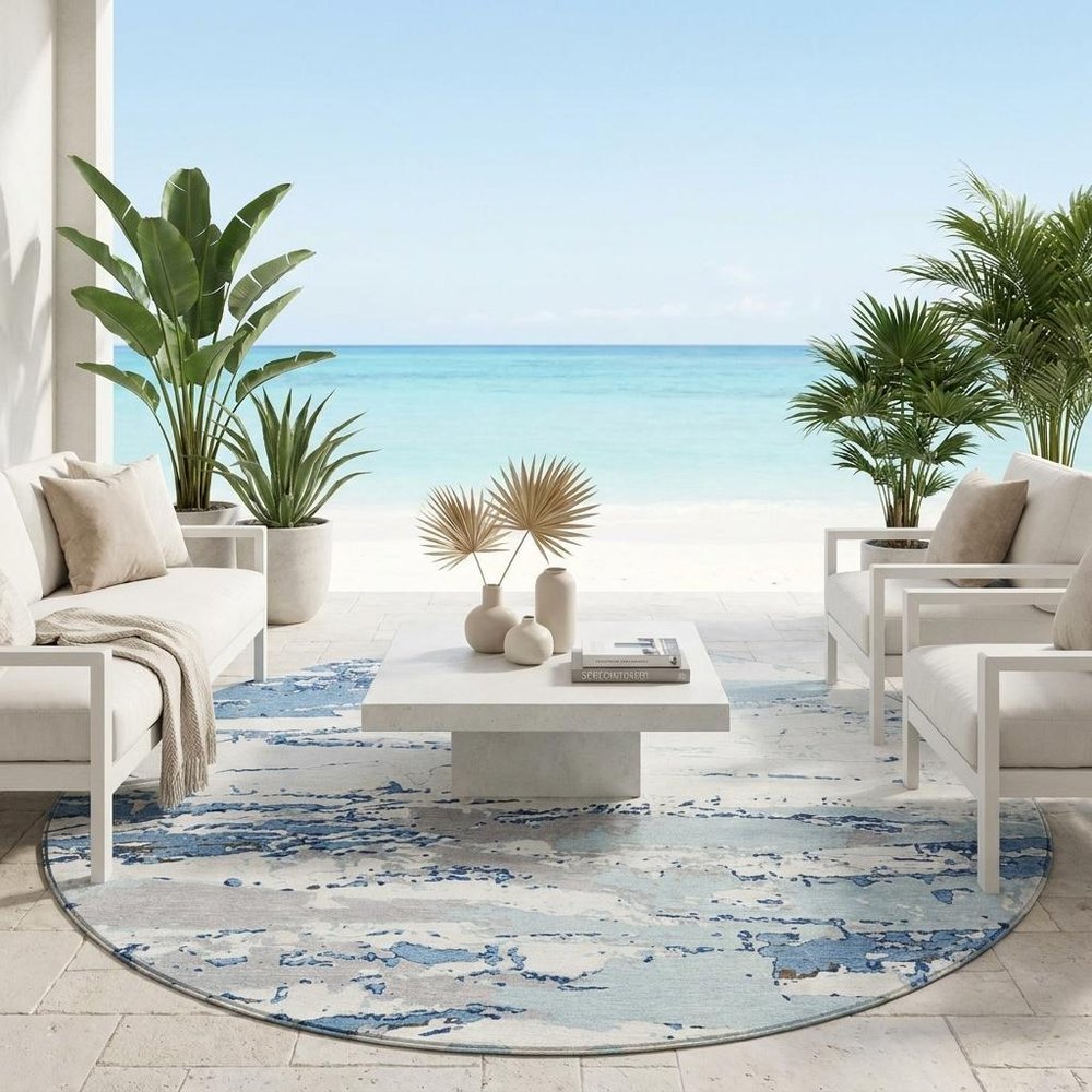 8' Sky Blue And Blue Round Abstract Washable Indoor Outdoor Area Rug — view 5