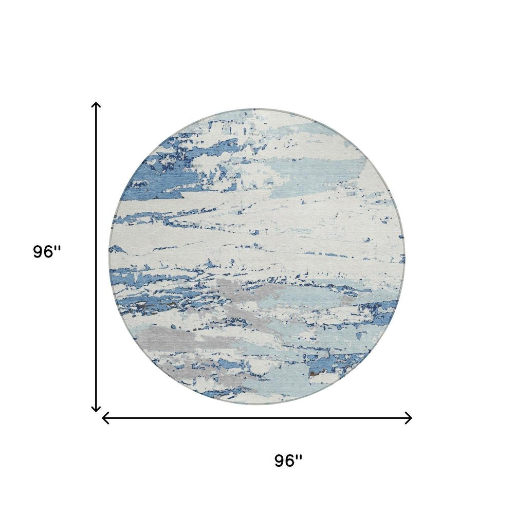 8' Sky Blue And Blue Round Abstract Washable Indoor Outdoor Area Rug — view 4