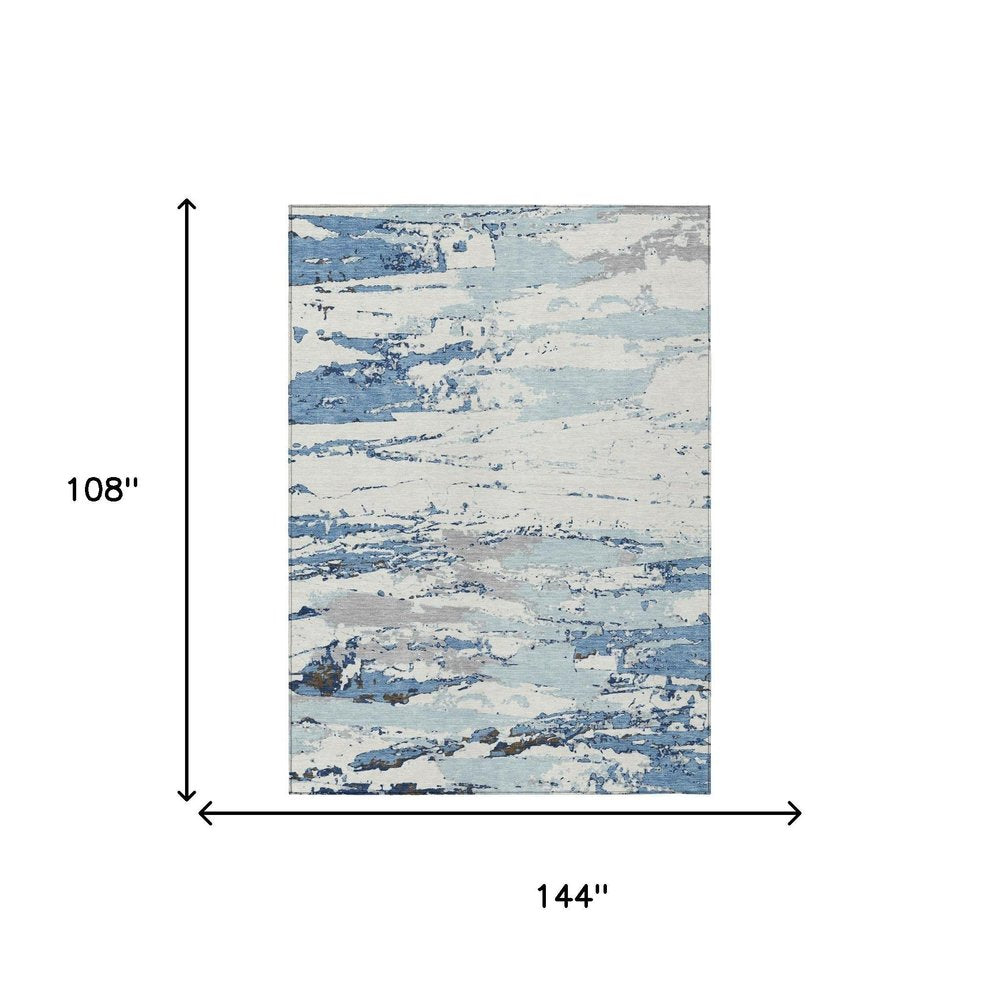 9' X 12' Sky Blue And Blue Abstract Washable Indoor Outdoor Area Rug — view 4