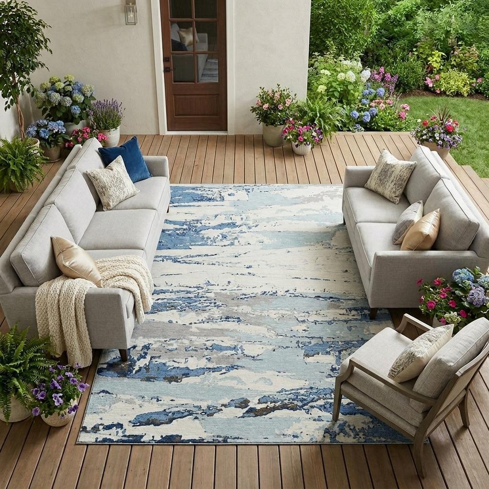 10' X 14' Sky Blue And Blue Abstract Washable Indoor Outdoor Area Rug — view 5