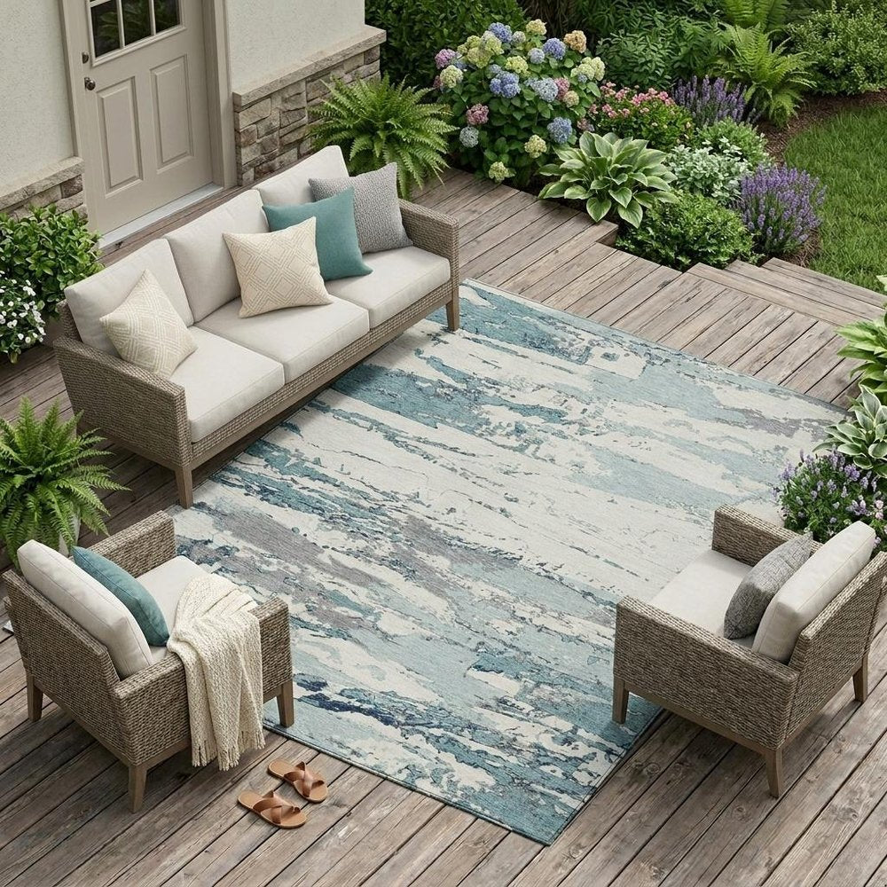 8' X 10' Teal Blue And Ivory Abstract Washable Indoor Outdoor Area Rug — view 6