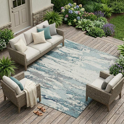 8' X 10' Teal Blue And Ivory Abstract Washable Indoor Outdoor Area Rug HomeRoots