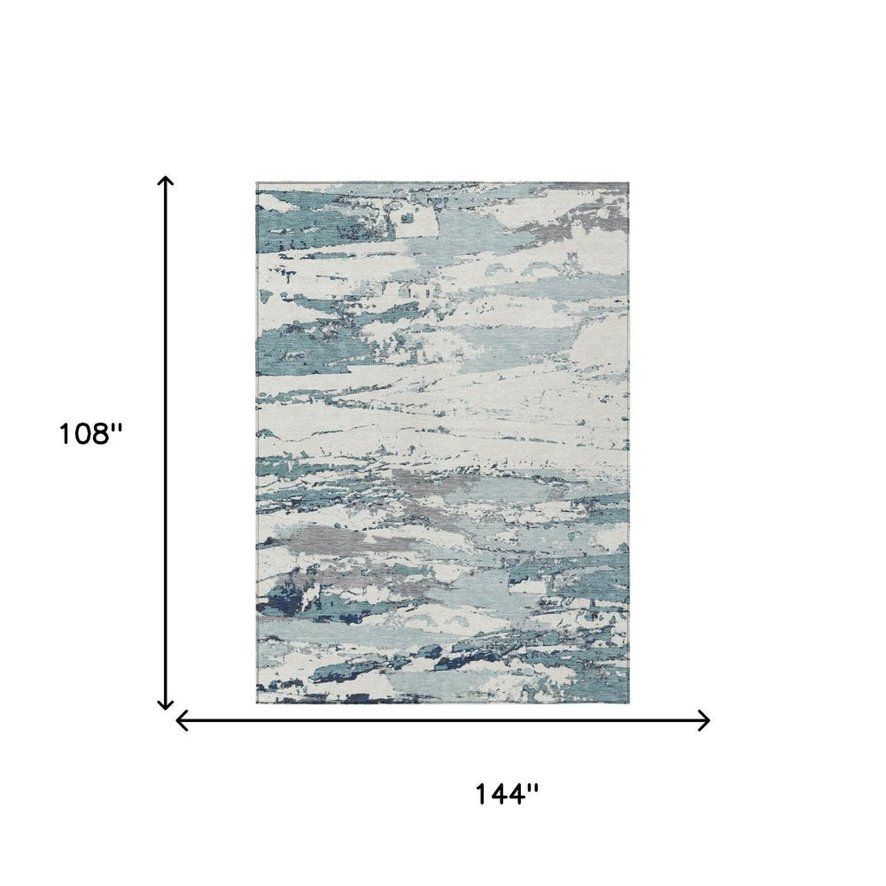 9' X 12' Teal Blue And Ivory Abstract Washable Indoor Outdoor Area Rug HomeRoots