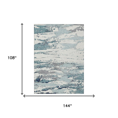 9' X 12' Teal Blue And Ivory Abstract Washable Indoor Outdoor Area Rug HomeRoots
