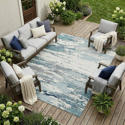 9' X 12' Teal Blue And Ivory Abstract Washable Indoor Outdoor Area Rug HomeRoots