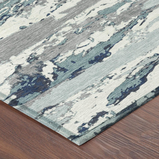 10' X 14' Teal Blue And Ivory Abstract Washable Indoor Outdoor Area Rug