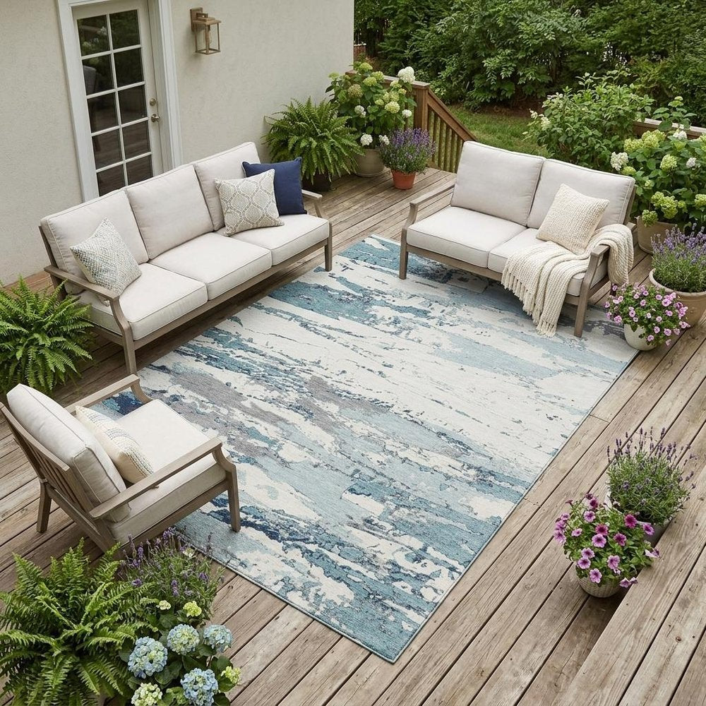 10' X 14' Teal Blue And Ivory Abstract Washable Indoor Outdoor Area Rug — view 6