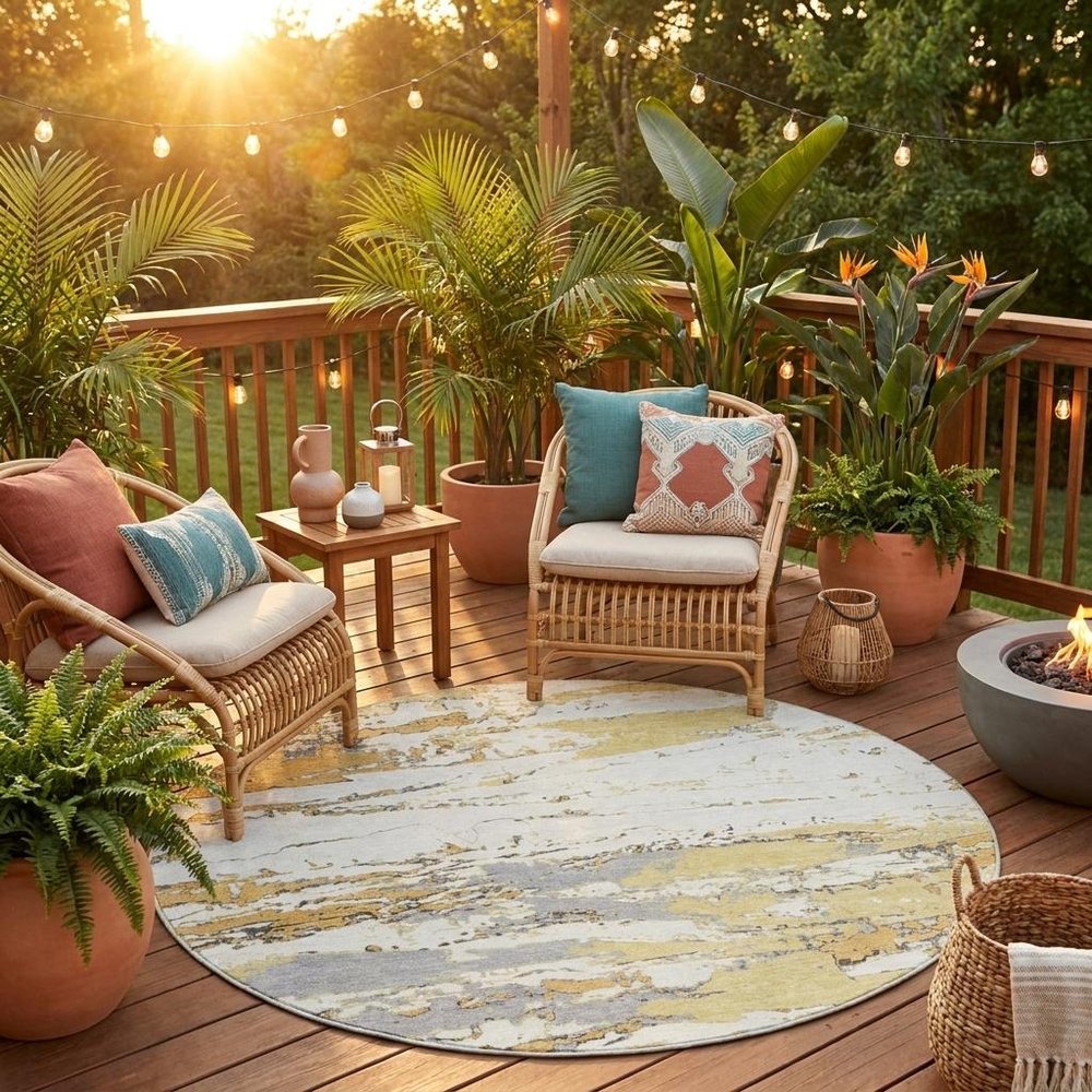 8' Wheat And Gold Round Abstract Washable Indoor Outdoor Area Rug HomeRoots
