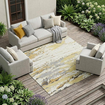 10' X 14' Wheat And Gold Abstract Washable Indoor Outdoor Area Rug