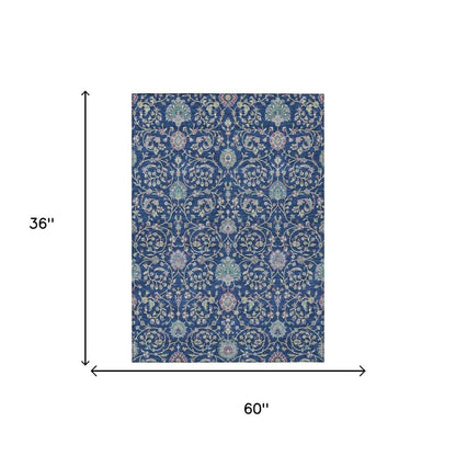 3' X 5' Blue And Gray Floral Washable Indoor Outdoor Area Rug HomeRoots