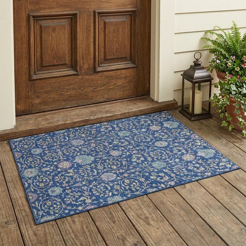 3' X 5' Blue And Gray Floral Washable Indoor Outdoor Area Rug — view 6
