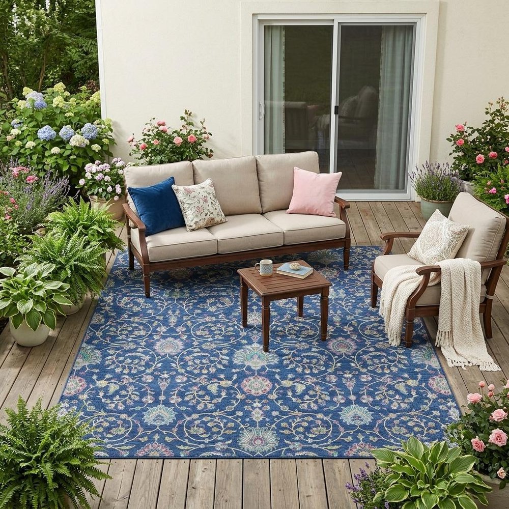 5' X 8' Blue And Gray Floral Washable Indoor Outdoor Area Rug HomeRoots