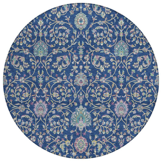 8' Blue And Gray Round Floral Washable Indoor Outdoor Area Rug