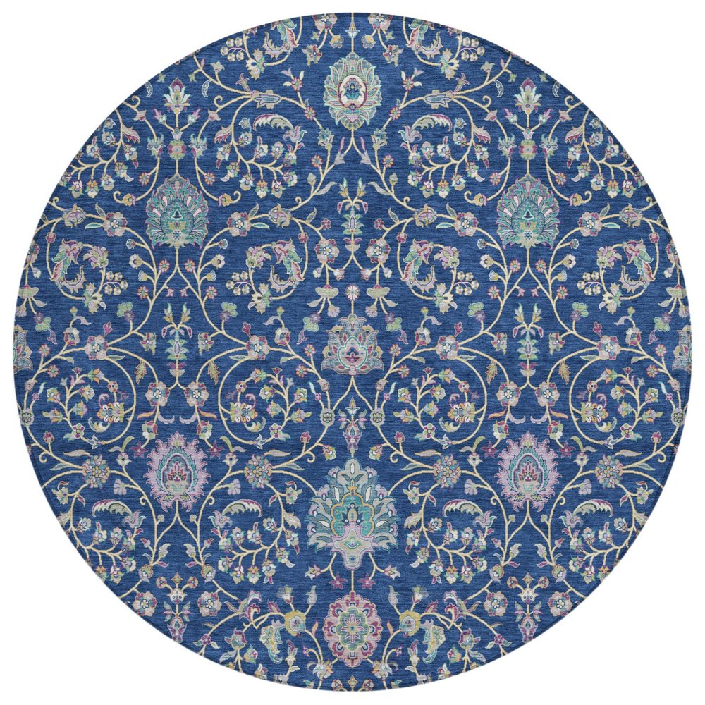 8' Blue And Gray Round Floral Washable Indoor Outdoor Area Rug — view 1