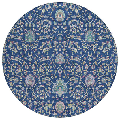8' Blue And Gray Round Floral Washable Indoor Outdoor Area Rug HomeRoots
