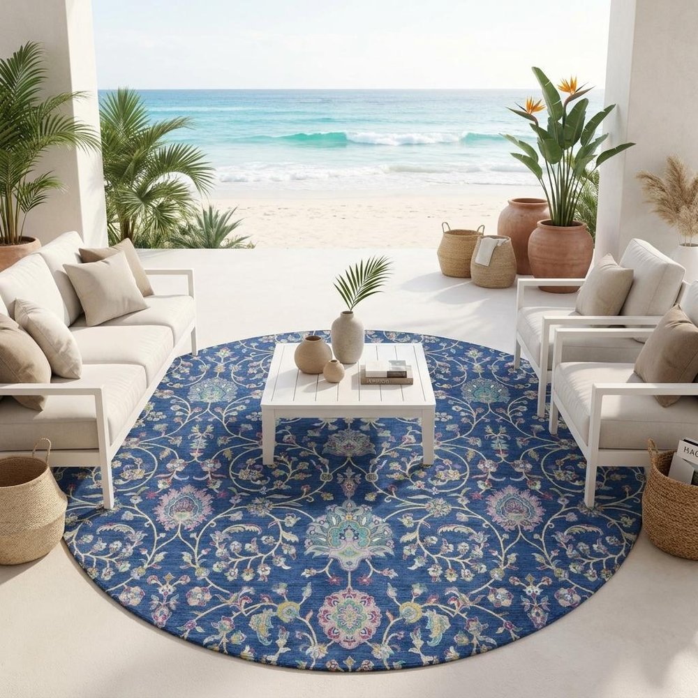 8' Blue And Gray Round Floral Washable Indoor Outdoor Area Rug HomeRoots