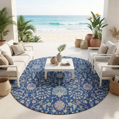 8' Blue And Gray Round Floral Washable Indoor Outdoor Area Rug HomeRoots