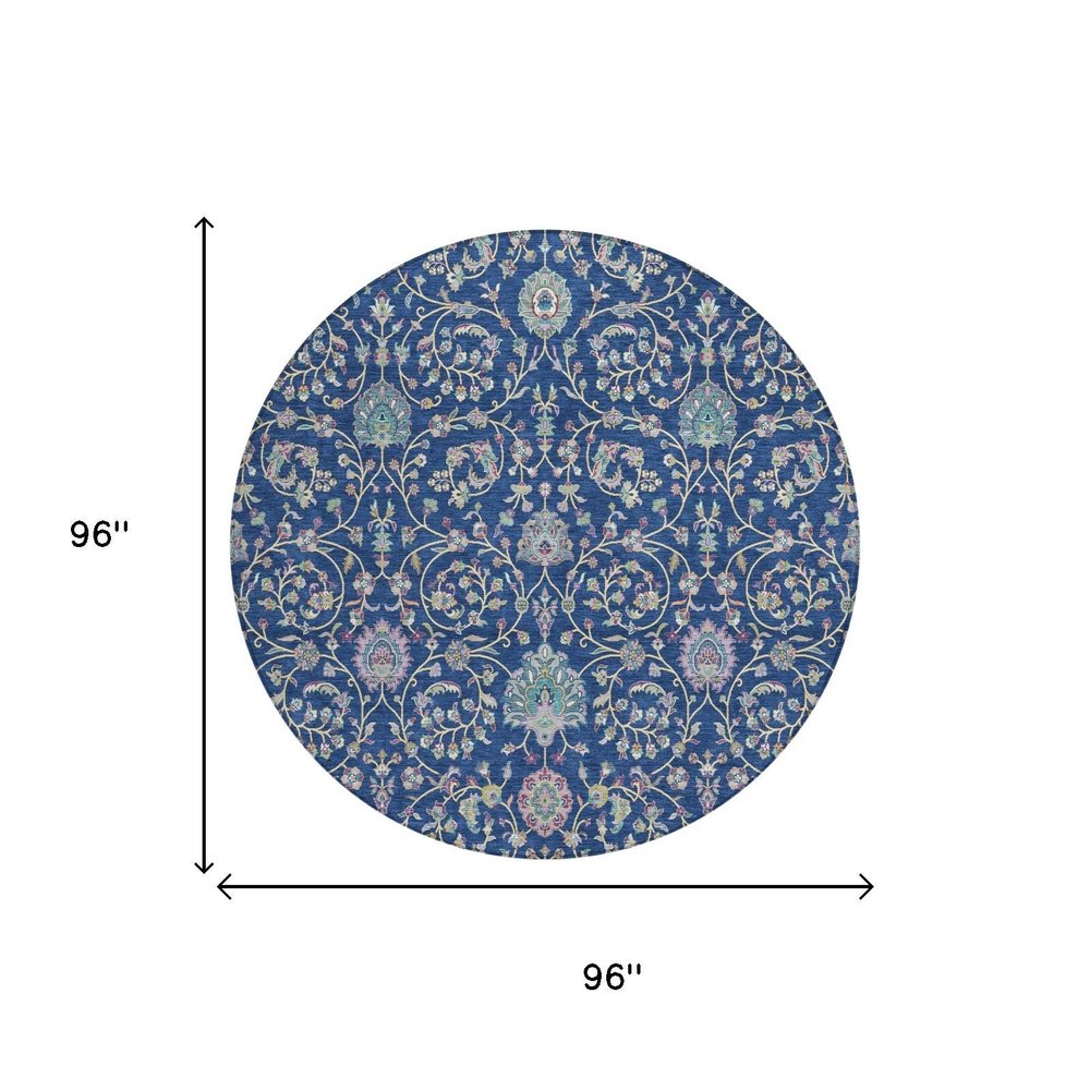 8' Blue And Gray Round Floral Washable Indoor Outdoor Area Rug HomeRoots