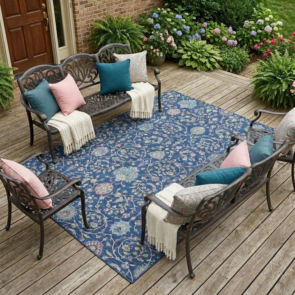 8' X 10' Blue And Gray Floral Washable Indoor Outdoor Area Rug — view 6