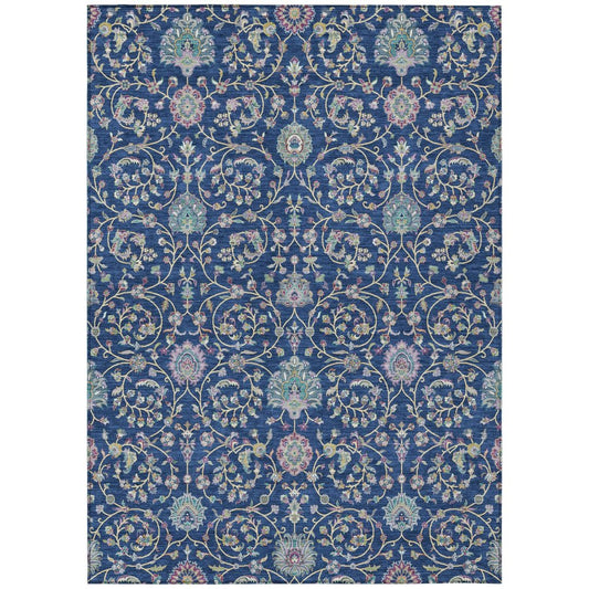 9' X 12' Blue And Gray Floral Washable Indoor Outdoor Area Rug