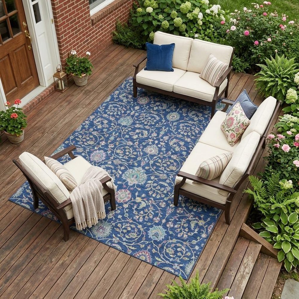 9' X 12' Blue And Gray Floral Washable Indoor Outdoor Area Rug — view 5
