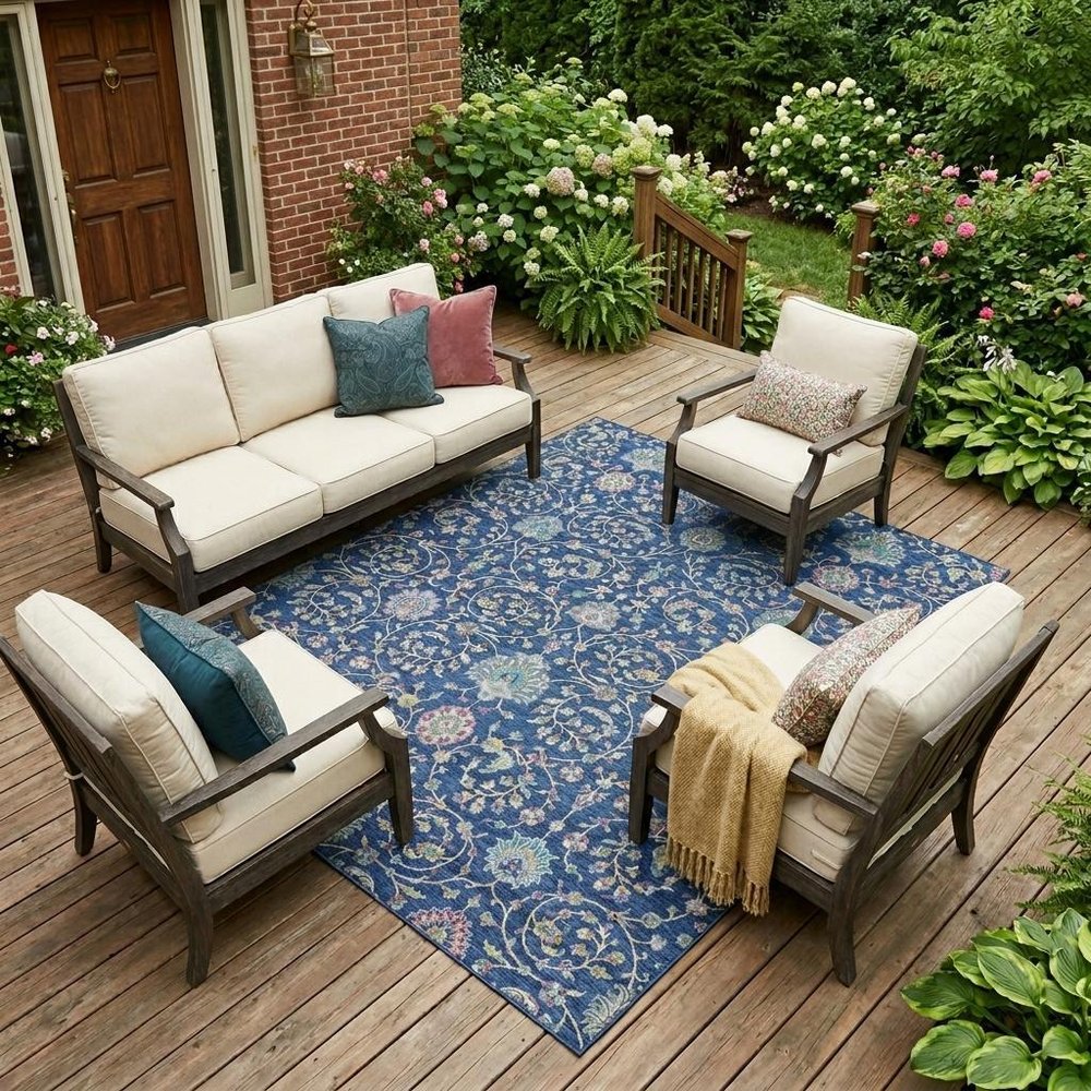 10' X 14' Blue And Gray Floral Washable Indoor Outdoor Area Rug HomeRoots