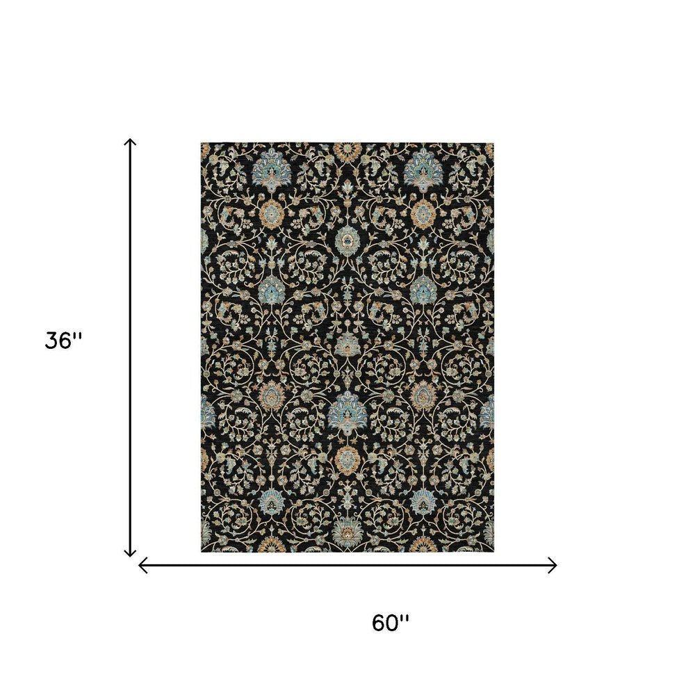 3' X 5' Black And Graphite Floral Washable Indoor Outdoor Area Rug — view 4