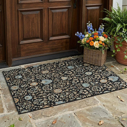 3' X 5' Black And Graphite Floral Washable Indoor Outdoor Area Rug HomeRoots