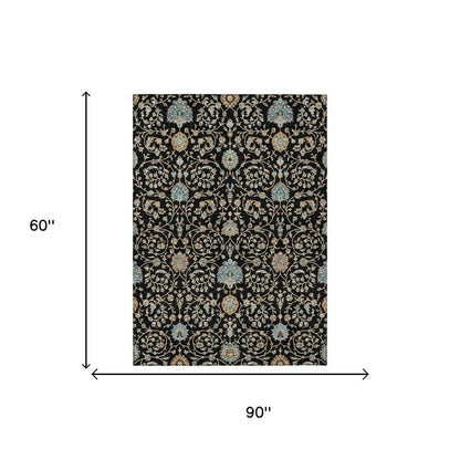 5' X 8' Black And Graphite Floral Washable Indoor Outdoor Area Rug