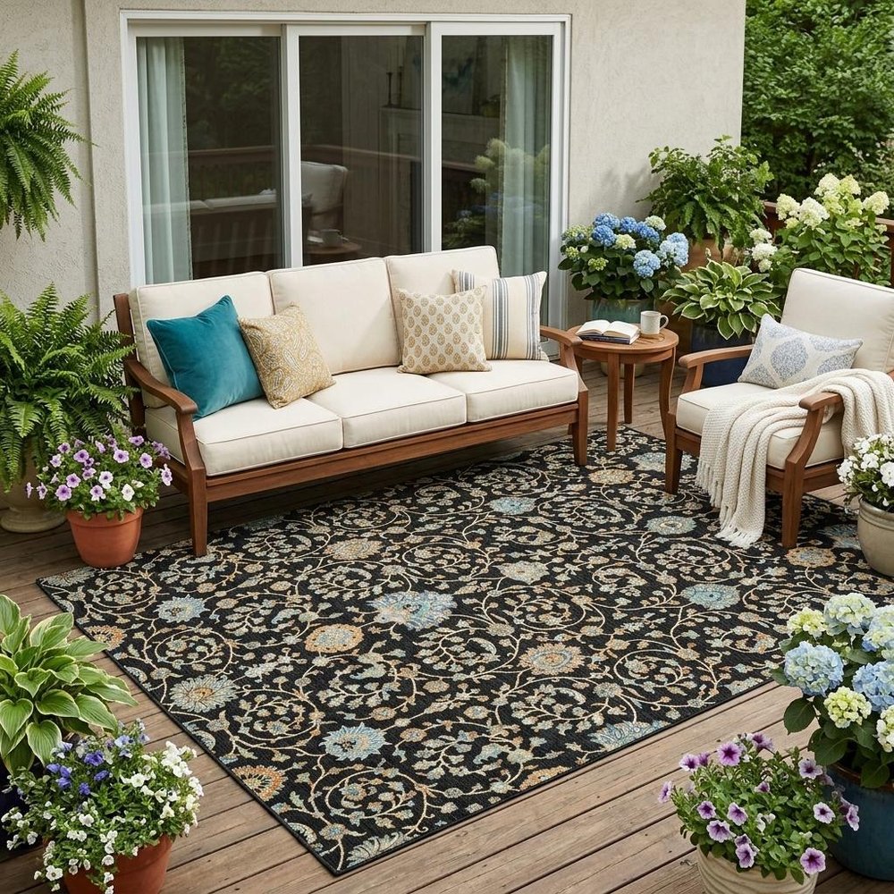 5' X 8' Black And Graphite Floral Washable Indoor Outdoor Area Rug — view 5