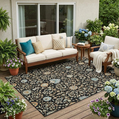 5' X 8' Black And Graphite Floral Washable Indoor Outdoor Area Rug HomeRoots