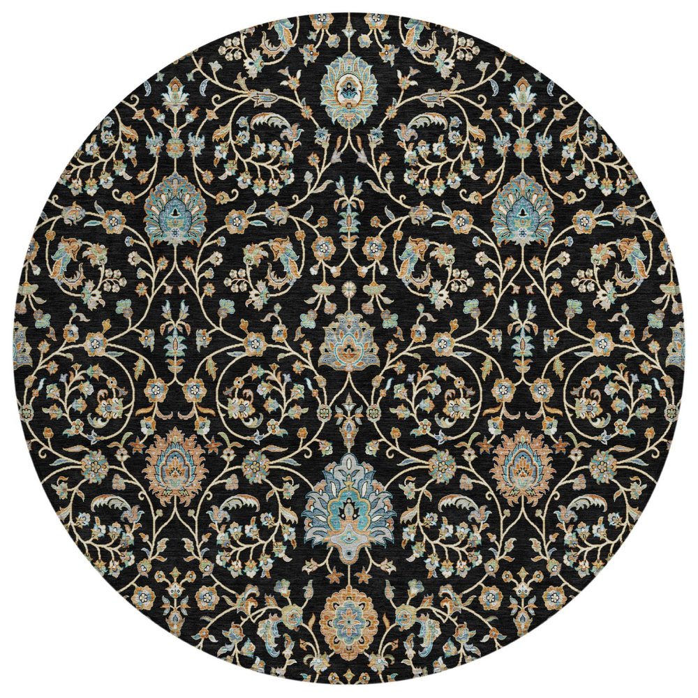 8' Black And Graphite Round Floral Washable Indoor Outdoor Area Rug — view 1