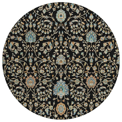 8' Black And Graphite Round Floral Washable Indoor Outdoor Area Rug HomeRoots